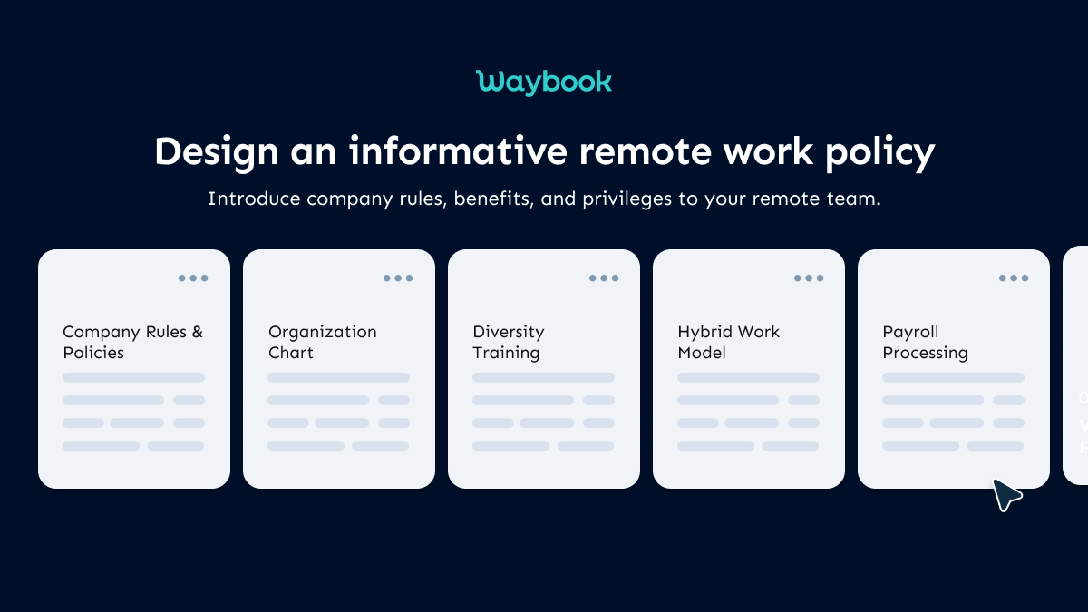 how to create a remote work policy: company rulesnd policies, organization chart, diversity rtaining, hybrid work model, payroll processing